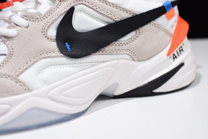 ow x nike m2k tekno white, black & team orange a03108 058